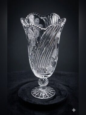 Vintage Christal Vase Scalloped Rim and Footed Base Swirl Pattern 13”x7”x4”